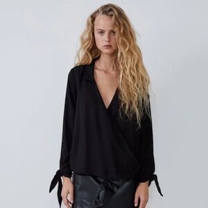 Zara Black Wrap Blouse with Wrist Tie Bows